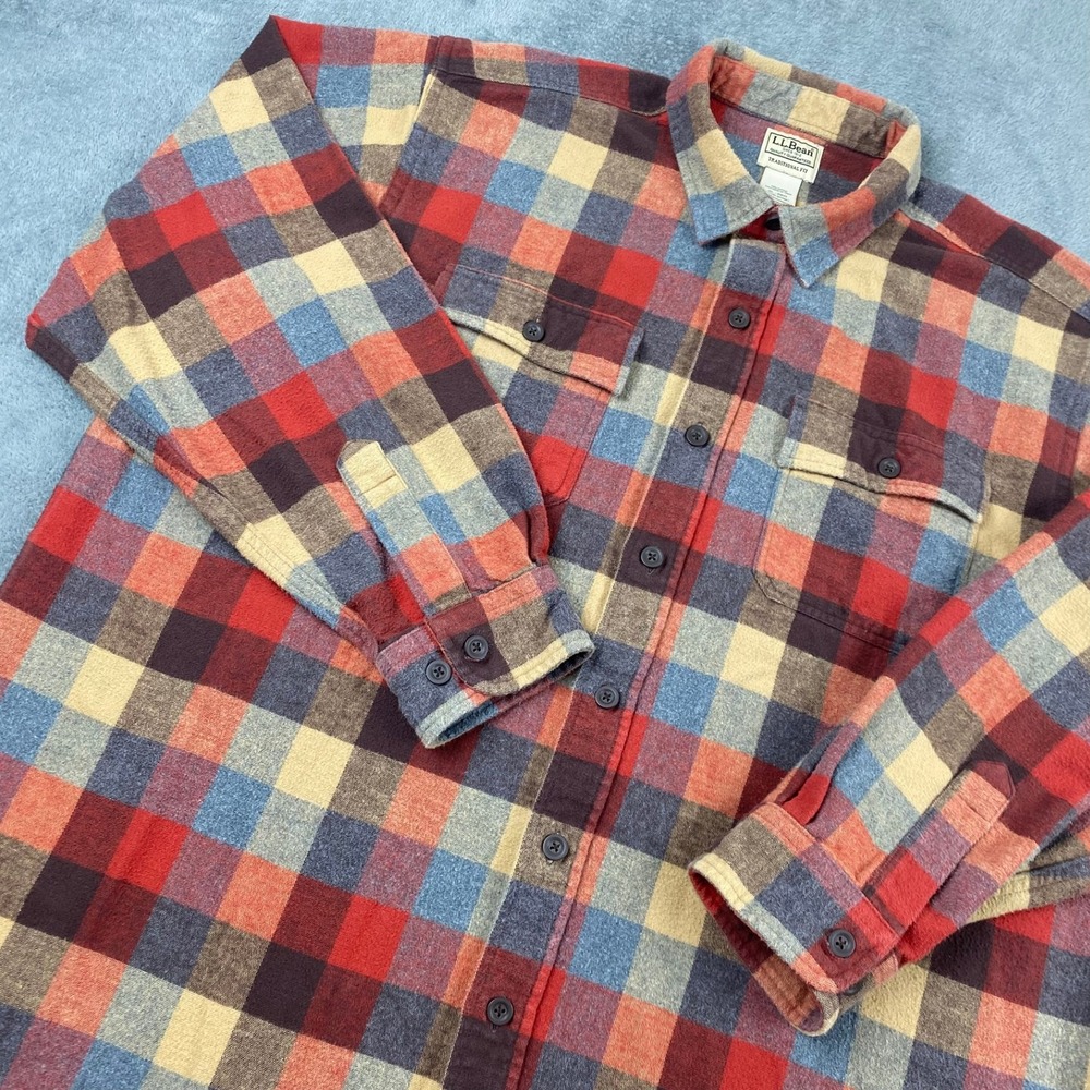 L.L. Bean Men XL Flannel Shirt Multicolor Plaid Heavy Cotton Traditional Fit